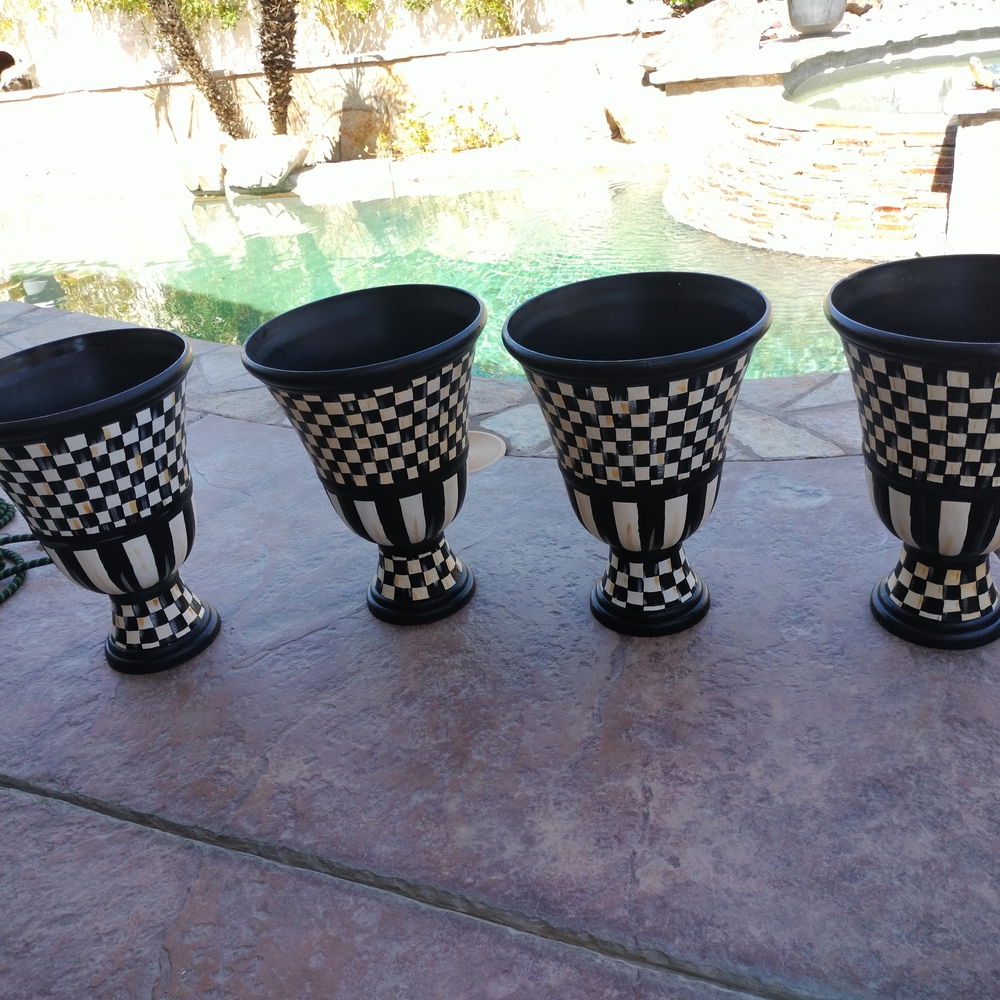 Checkered Black & White Urn Planter 16x16x21 Hand-painted By Me.(One Planter)